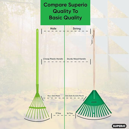 Superio Kids Rake with Hardwood Handle, Gardening and Lawn Care Tools for Kids, Sweep Leaves and Tidying Up The Garden, Plastic Tines and Heavy Duty Wooden Handle 34" (Pack of 2)