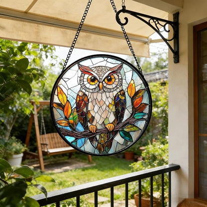DASTOLL Stained Glass Window Hanging, Owl Colorful Leaves Birds Sun Catchers Diamond Glass Panel Hangings Suncatcher Decor for Birthday for Women, Men, Wife, Aunt, and Mom 7.8 in