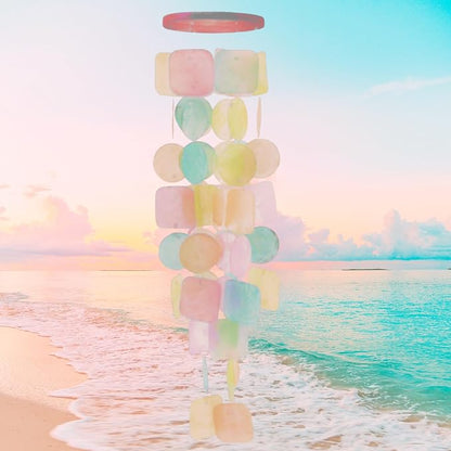 Bellaa Wind Chimes Outdoor, Garden Decorations, Musical, Indoor/Outside Windchimes, Beach, Ocean, Breeze, Gifts for Mom, Gift for All Occasions, Capiz Sea Glass Shells Wood Pastel 20713