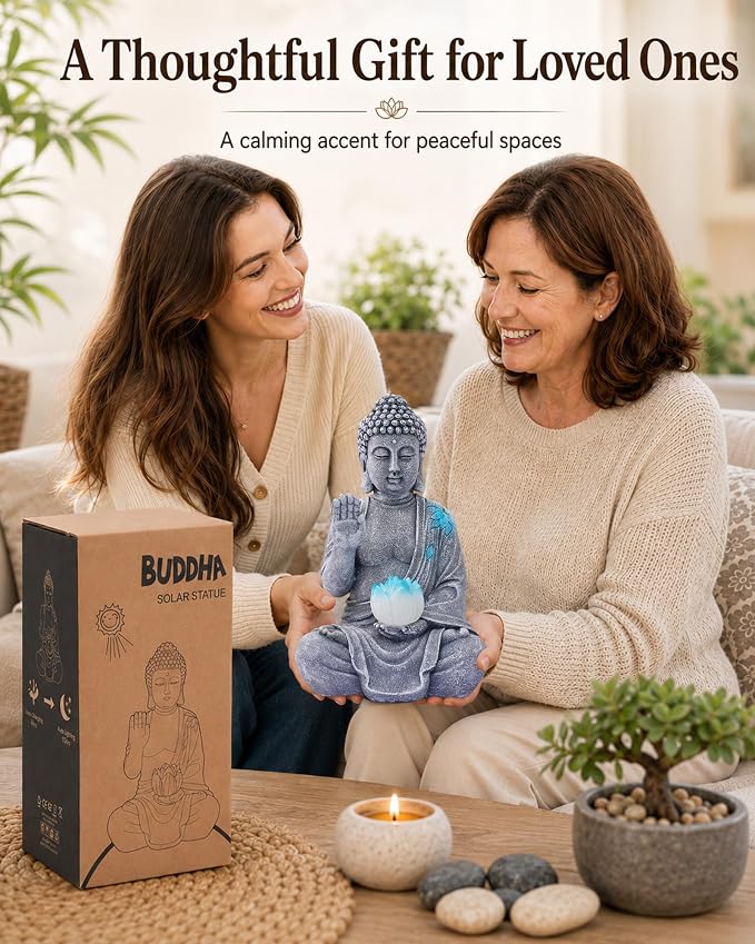 Nacome Solar Buddha Garden Statue Decor: Sitting Resin Figurine with Lotus Flower Light Zen Sculpture for Patio Lawn Yard Porch Balcony Meditation Space - 10.6 inches(Grey)