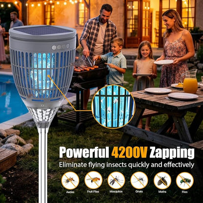 Rossetta Solar Bug Zapper Outdoor, Fly Zapper with Flame & Projector Light | 4200V Shock Grid, Solar & USB Charging, IPX5 Waterproof, Auto Mode, Cordless Electric Mosquito Killer for Patio, Garden