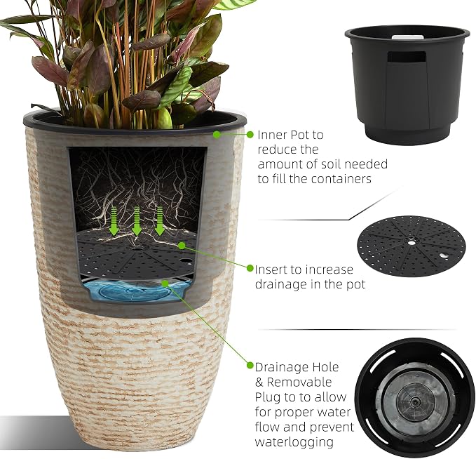 Worth Garden 21" H Beige Tall Planters set of 2 with Inside Pots - 14'' Dia Plastic Large Round Plant Tree Pots with Drain Hole - Decorative Imitation Stone Finish for Indoor Outdoor Front Porch Patio