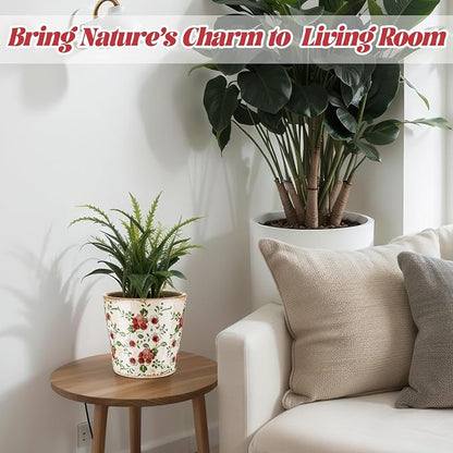 Beeveer Farmhouse Ceramic Planter 5.5 Inch Large Plants Pot Crack Beige Red Rose Flowers Plant Pots with Drainage Hole Indoor Plants Kitchen Rustic Antique Decor Gift