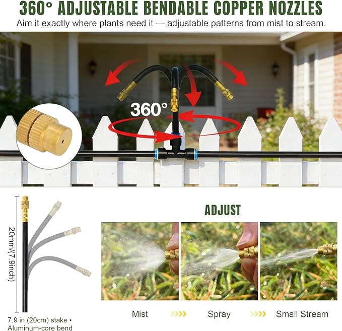 20PCS Push-to-Fit Drip Irrigation Mister Emitters with T-Connectors, Copper 360° Adjustable Bendable Atomizing Nozzles for 1/4" Tubing, Micro Spray Nozzles for Garden Greenhouse Raised Beds