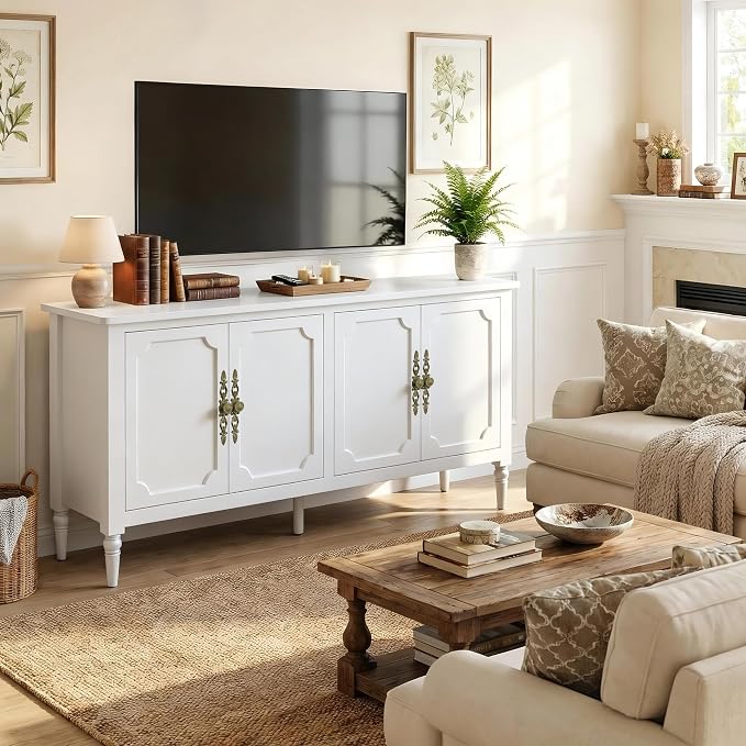 RoyalCraft 118" Buffet Cabinet with Storage, Vintage Sideboard with Adjustable Shelves, Mid Century Modern Painted Credenza Coffee Bar for Kitchen, Dining Room, Entryway, Living Room, Satin White