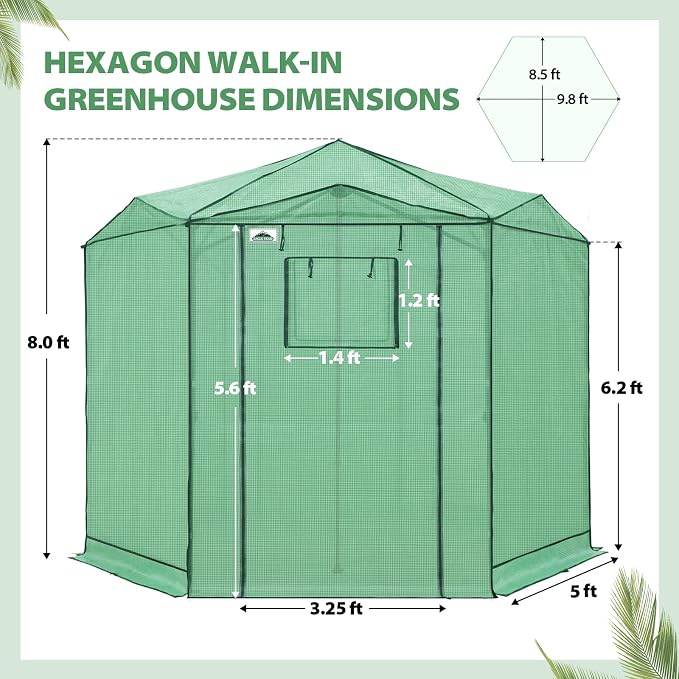 EAGLE PEAK 8.5x8.5 Portable Walk in Greenhouse, Pop Up Indoor Outdoor Greenhouse, Green House Kit with Zippered Roll-Up Doors and Windows, Hexagon Design, PE Cover, Clear/Green