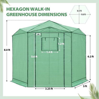 EAGLE PEAK 8.5x8.5 Portable Walk in Greenhouse, Pop Up Indoor Outdoor Greenhouse, Green House Kit with Zippered Roll-Up Doors and Windows, Hexagon Design, PE Cover, Clear/Green
