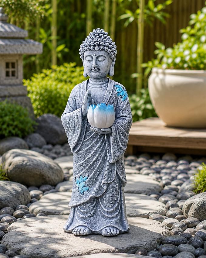 Nacome Solar Buddha Garden Statue Decor: Standing Resin Figurine with Lotus Flower Light Zen Sculpture for Patio Lawn Yard Porch Balcony Meditation Space - 11 inches(Gray)