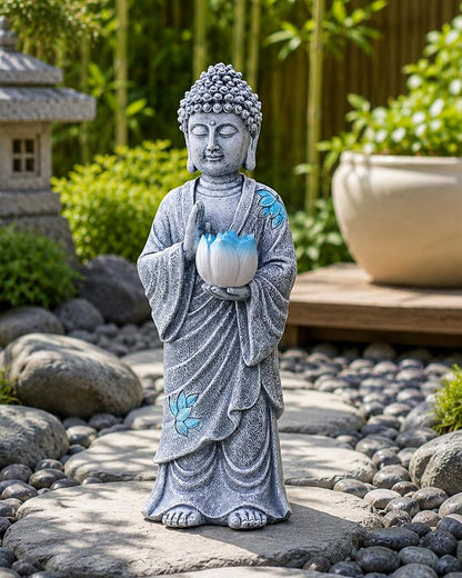 Nacome Solar Buddha Garden Statue Decor: Standing Resin Figurine with Lotus Flower Light Zen Sculpture for Patio Lawn Yard Porch Balcony Meditation Space - 11 inches(Gray)