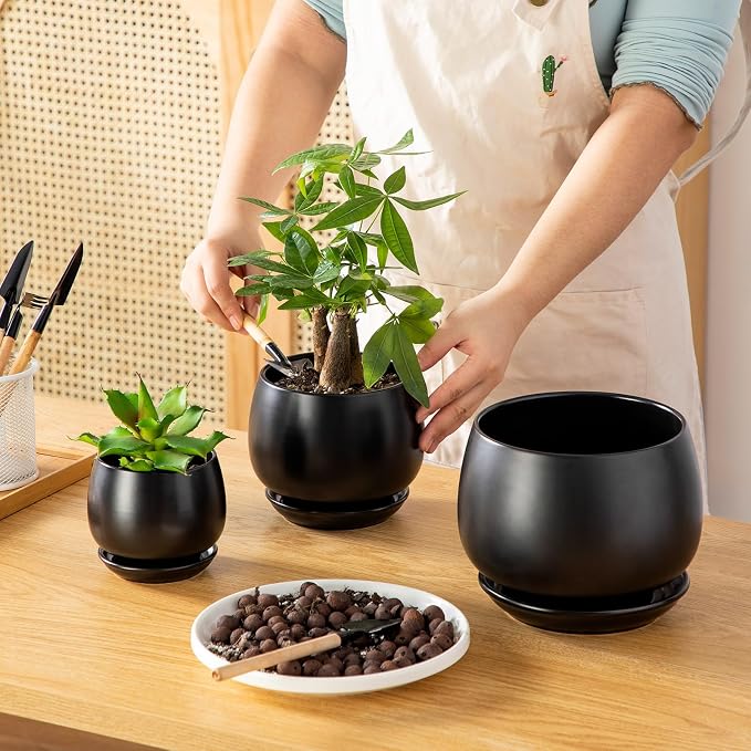 vancasso 3-Pack Ceramic Plant Pots, 3.7/4.8/6.2 Inch Indoor Planters with Saucers & Drainage Hole Planter pots for Indoor Plants and Flower, Black
