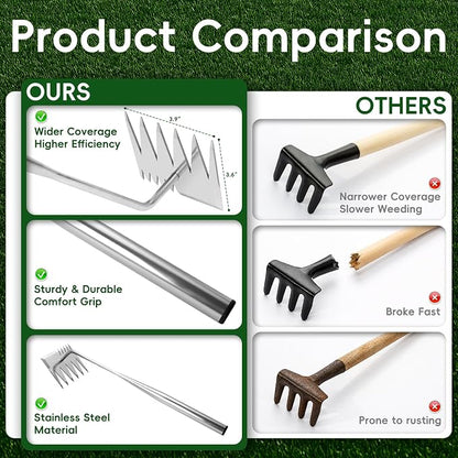 Weed Puller Tool,Newly Upgraded 6 Teeth Portable Manual Weeding Tools Gardening, Dual Head Stainless Steel Hand Garden Weeding Rake,Multi-Purpose 17.7" Weed Remover Tool Weeding Tools for Gardening