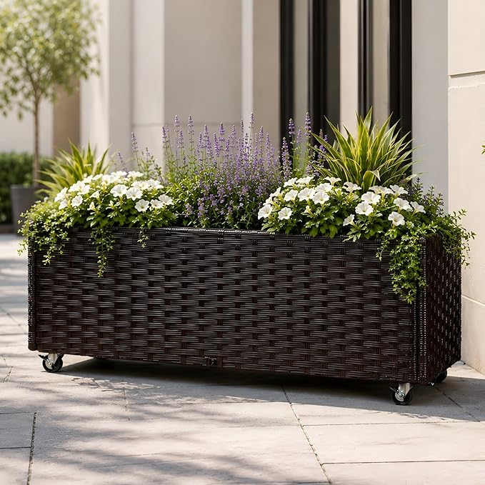 Raised Garden Bed with Wheels - Rattan Wicker Elevated Raised Garden Bed Outdoor Raised Planter Box for Vegetables Grass Lawn Yard, 38 x 14.5 x 12 in, Brown
