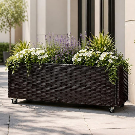 Raised Garden Bed with Wheels - Rattan Wicker Elevated Raised Garden Bed Outdoor Raised Planter Box for Vegetables Grass Lawn Yard, 38 x 14.5 x 12 in, Brown