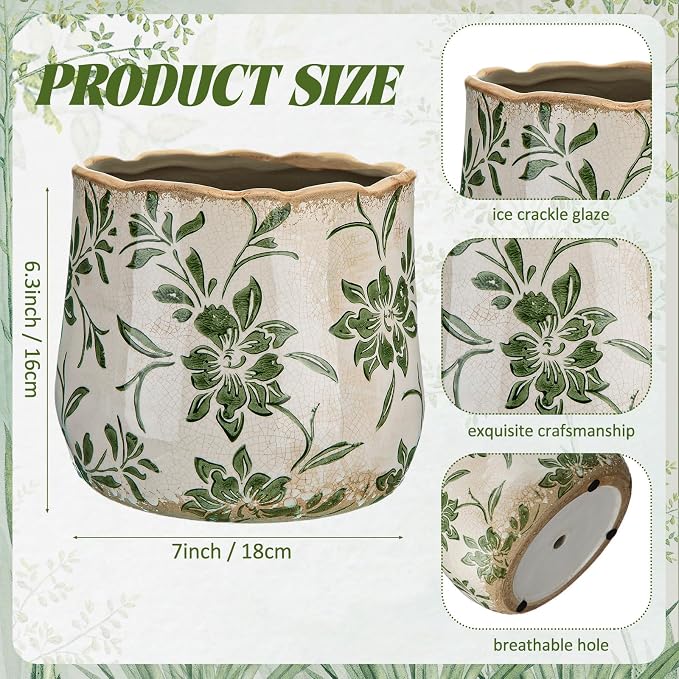 Bokon 7 x 6.3 Inch Ceramic Planter Vintage Scroll Planter Decorative Plant Pots with Crackle Glaze for Indoor Outdoor, Kitchen, Table, Shelf, Mantel, Home, Garden Decor, Gardening Gift(Country)
