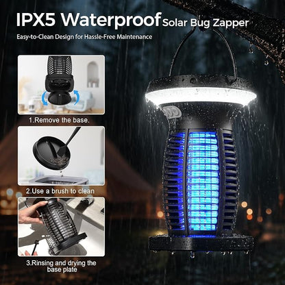 Solar Bug Zapper Outdoor, UV Mosquito and Fly Zapper with Auto Mode, Rechargeable Cordless Electric Insect Trap, Waterproof Bug Light for Patio Backyard Porch Camping