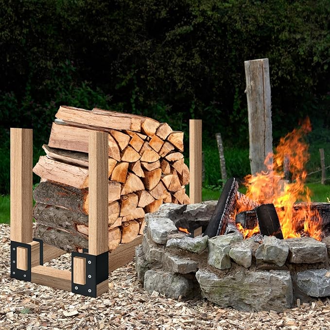 Firewood Log Storage Rack Bracket 8 Pack,Fireplace Wood Storage Holder,Indoor Outdoor Adjustable Heavy Duty Powder Coated Steel Holder with Wood Screws