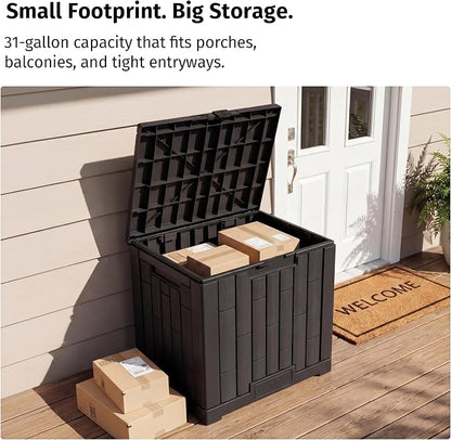 EAST OAK 31 Gallon Outdoor Storage Box, Waterproof Deck UV-Resistant Resin Bin for Patio Cushions, Garden Tools, Accessories & Package, Lockable Wind-Resistant Lid, Steel-Reinforced, Black