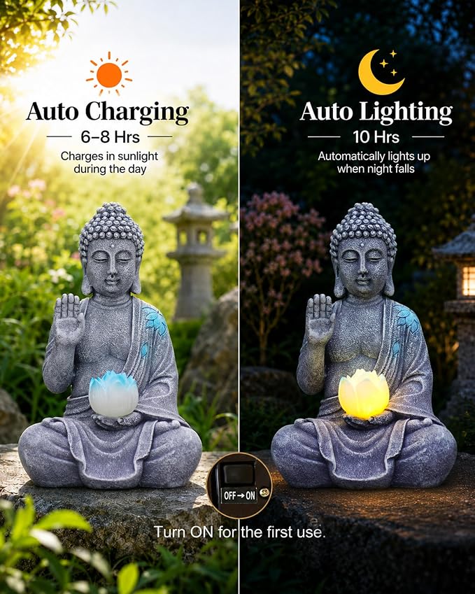 Nacome Solar Buddha Garden Statue Decor: Sitting Resin Figurine with Lotus Flower Light Zen Sculpture for Patio Lawn Yard Porch Balcony Meditation Space - 10.6 inches(Grey)
