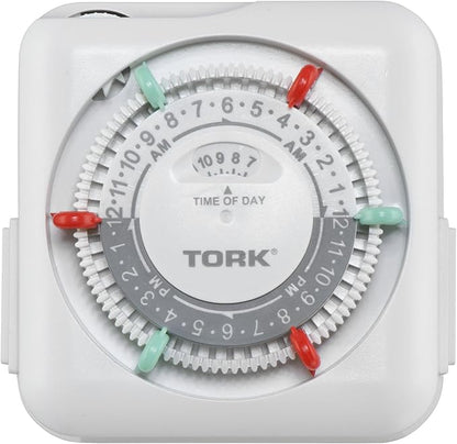 NSi Industries TORK RTN112 Indoor 15-Amp Plug-in Mechanical Appliance Timer 24-Hour Programming – GREEN & RED Trippers TWO Receptacles White