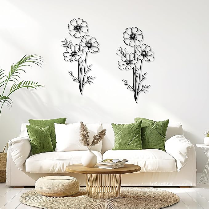 DETENE 2-Pack Black Silhouette Flower Metal Wall Art – Simple Minimalist Modern Decorative Metal Flower Wall Decor for Living Room, Bedroom, Office