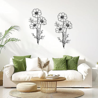 DETENE 2-Pack Black Silhouette Flower Metal Wall Art – Simple Minimalist Modern Decorative Metal Flower Wall Decor for Living Room, Bedroom, Office