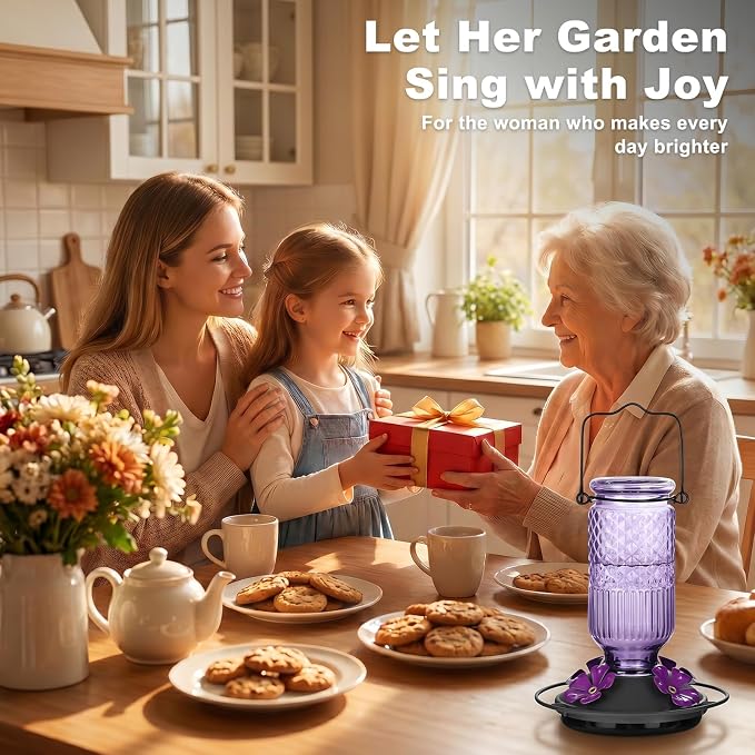FEED GARDEN Glass Hummingbird Feeder for Outdoors Hanging, 16 oz Leak-Proof Nectar Feeder with Bee Guards & Ant Moat, 4 Metal Flower Feeding Ports, 360° Perch Ring, Easy Refill & Clean, Purple 2 Pack