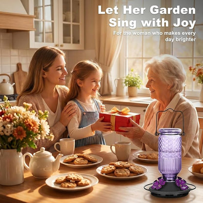 FEED GARDEN Glass Hummingbird Feeder for Outdoors Hanging, 16 oz Leak-Proof Nectar Feeder with Bee Guards & Ant Moat, 4 Metal Flower Feeding Ports, 360° Perch Ring, Easy Refill & Clean, Purple 2 Pack