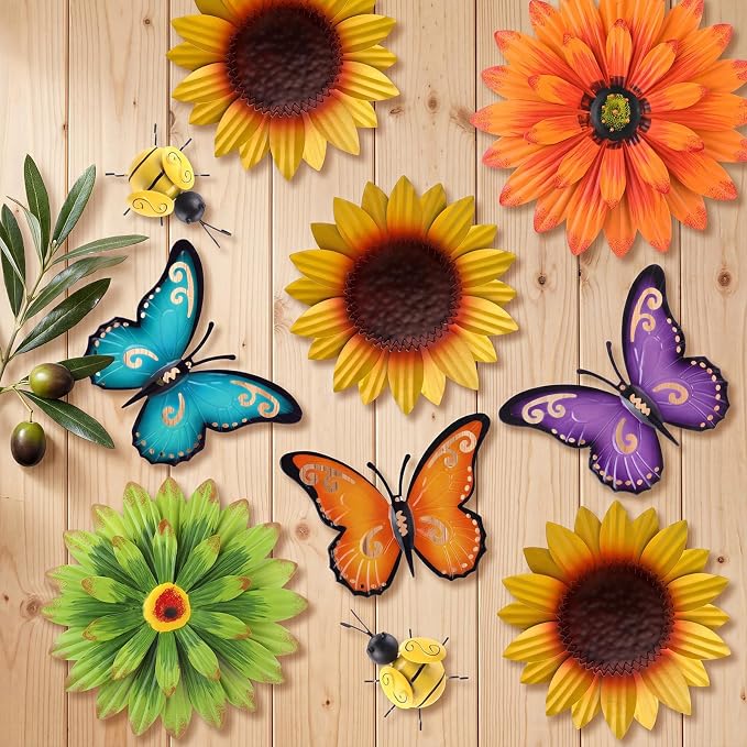Therwen 10 Pcs Metal Wall Art Decor for Outside 3D Metal Sunflower Backyard Decorations Hanging Outdoor Wall Art Multicolored Flowers for Garden Fence Patio Yard Outdoor Porch