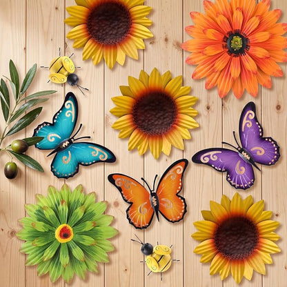 Therwen 10 Pcs Metal Wall Art Decor for Outside 3D Metal Sunflower Backyard Decorations Hanging Outdoor Wall Art Multicolored Flowers for Garden Fence Patio Yard Outdoor Porch