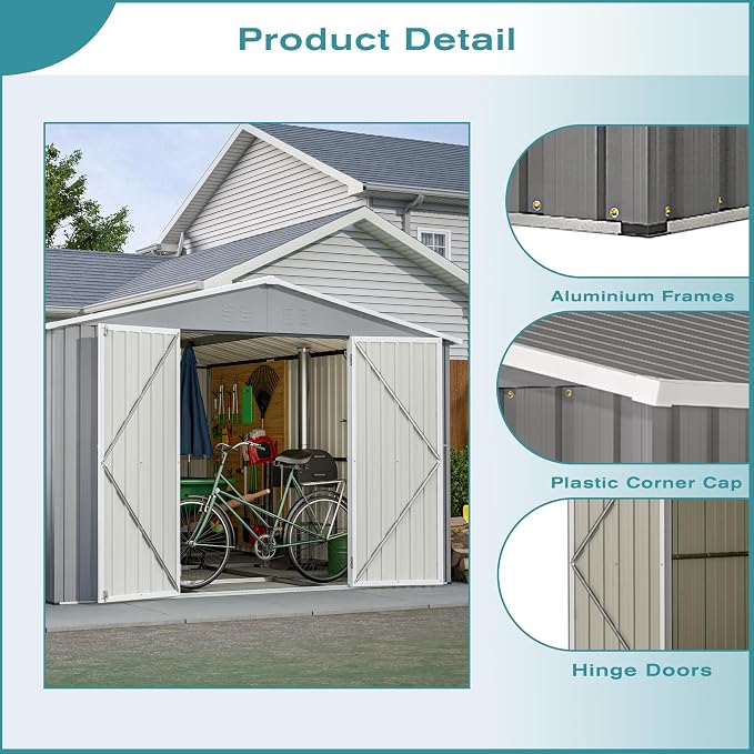 YOPTO 12X10 FT Metal Outdoor Storage Shed W/Floor & Lockable Door,Gray | Galvanized Steel Garden Shed W/ 4 Air Vents,Sloped Roof,Reinforced Structure,All Weather Waterproof for Patio,Backyard,Lawn