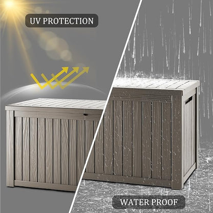Outdoor Storage Box, 180 Gallon Waterproof Deck Box, Piston-Lift Tall Standing Cabinet for Oversized Cushions, Lockable Deep Tool Organizer Storage Bench, Large Lawn, Grey