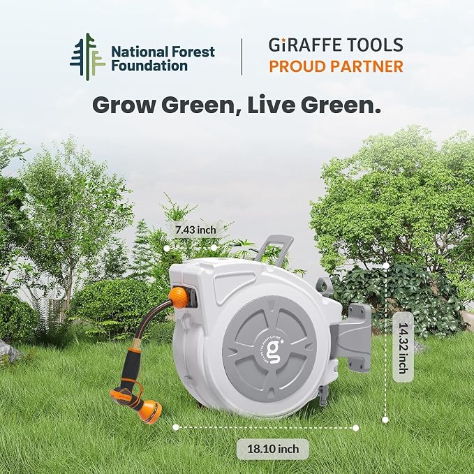 Giraffe Tools Retractable Hose Reel 1/2" x 65 ft Garden Hose Reel Heavy Duty, Any Length Lock with Swivel Bracket, 9-Function Sprayer Nozzle