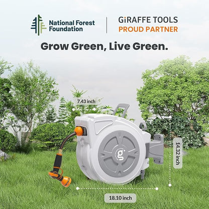 Giraffe Tools Retractable Hose Reel 1/2" x 65 ft Garden Hose Reel Heavy Duty, Any Length Lock with Swivel Bracket, 9-Function Sprayer Nozzle