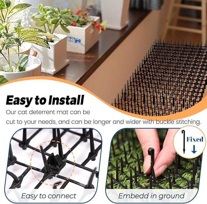 Hmyomina 13FT Scat Mat for Cats with Spikes and 12 Garden Staples - Outdoor/Indoor Pet Deterrent for Plants, Furniture, Car, and Yard