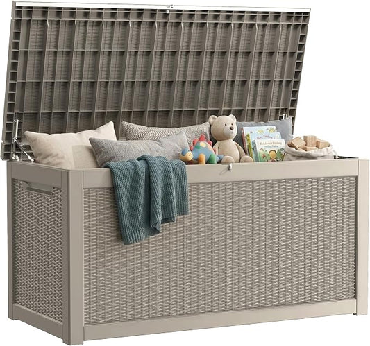 325 Gallon Outdoor Storage Box Waterproof, Lockable Resin Deck Box Large Storage Bin for Patio Furniture Cushion, Garden Tools, Pool Accessories, UV-Resistant Outside, Grey