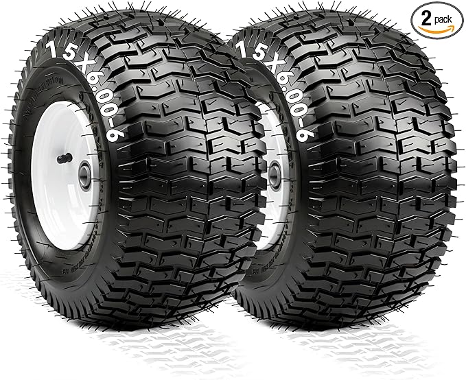 YITAMOTOR 15x6.00-6 Lawn Mower Tires & Wheel Assemblies, 4 Ply Pneumatic Front Tires Replacement Fits John Deere, Lawn Tractors, More Riding Mowers | 3" Centered Hub, 3/4" Bearings, 570LBS (Set of 2)