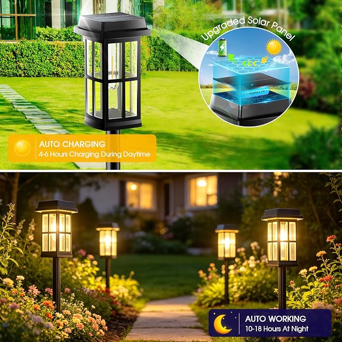 Garpar Solar Pathway Lights Outdoor 4 Pack, Window-Style with Metal Pole | 3500K Warm White, 2 Lighting Modes, Up to 18hrs Runtime, IP65 Waterproof, Ideal for Yard, Walkway, Driveway, Patio