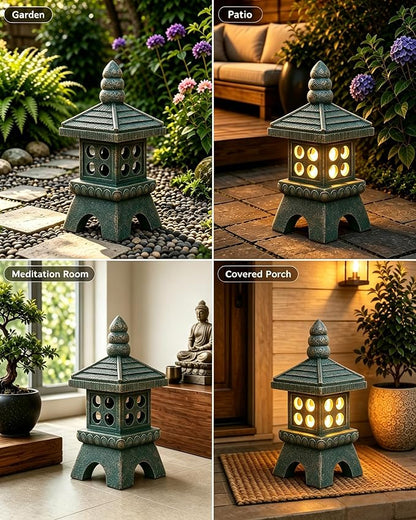 Nacome Solar Pagoda Garden Statues:15.7 inches Outdoor Weatherproof Resin Zen Decor for Landscape Balcony Patio Porch Yard Ornament(Bronze)