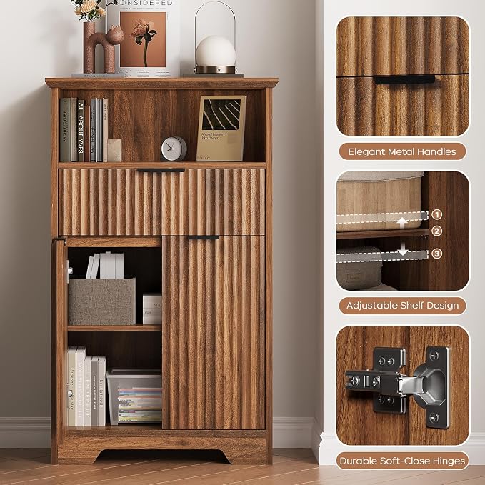 Fluted Buffet Cabinet with Storage, Modern Coffee Bar Cabinet with Drawer & Adjustable Shelf, Wood Sideboard Cabinet for Kitchen, Bathroom, Entryway and Living Room Walnut