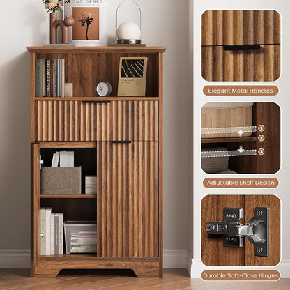 Fluted Buffet Cabinet with Storage, Modern Coffee Bar Cabinet with Drawer & Adjustable Shelf, Wood Sideboard Cabinet for Kitchen, Bathroom, Entryway and Living Room Walnut