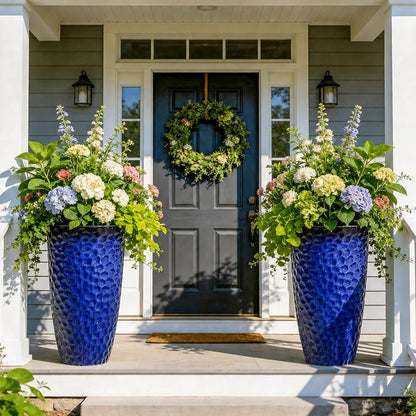 23.75" Cobalt Blue Plastic Tall Planters with Honeycomb Texture | Set of 2 PP tall planters with cobalt blue honeycomb texture, drainage plugs, and UV-treated finish for porch or patio