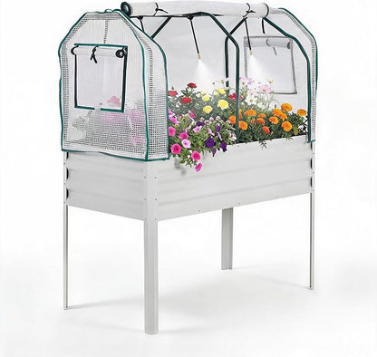 48×24×55in Large Metal Raised Garden Bed with Legs and Cover, Galvanized Oval Raised Bed Planter with Leg for Vegetables and Flowers, Build-in Spray Tube Effortless Watering | Elevated Metal Planter with Built-In 3-Spray Nozzle Watering System, Drain T...
