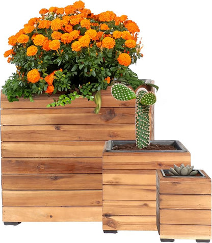Sunnydaze Indoor/Outdoor Wooden Planter Boxes - 3 Acacia Wood Square Plant Pots with Removable Plastic Liners - Light Brown Stain