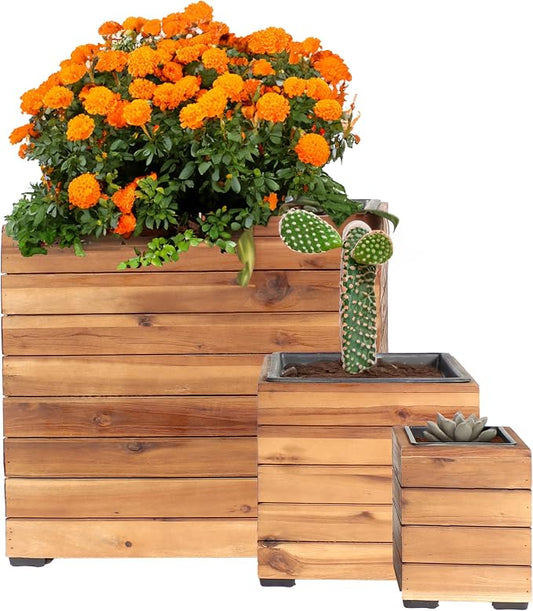 Sunnydaze Indoor/Outdoor Wooden Planter Boxes - 3 Acacia Wood Square Plant Pots with Removable Plastic Liners - Light Brown Stain