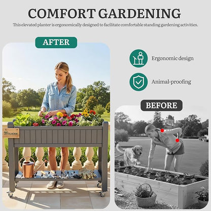YITAHOME 3.6x1.5x2.8 FT Elevated Garden Bed Kit with Legs and Wheels, Outdoor Large Resin Planter Box Stand with Drain Plug and Storage Shelf for Plants Vegetables Fruits, Light Brown