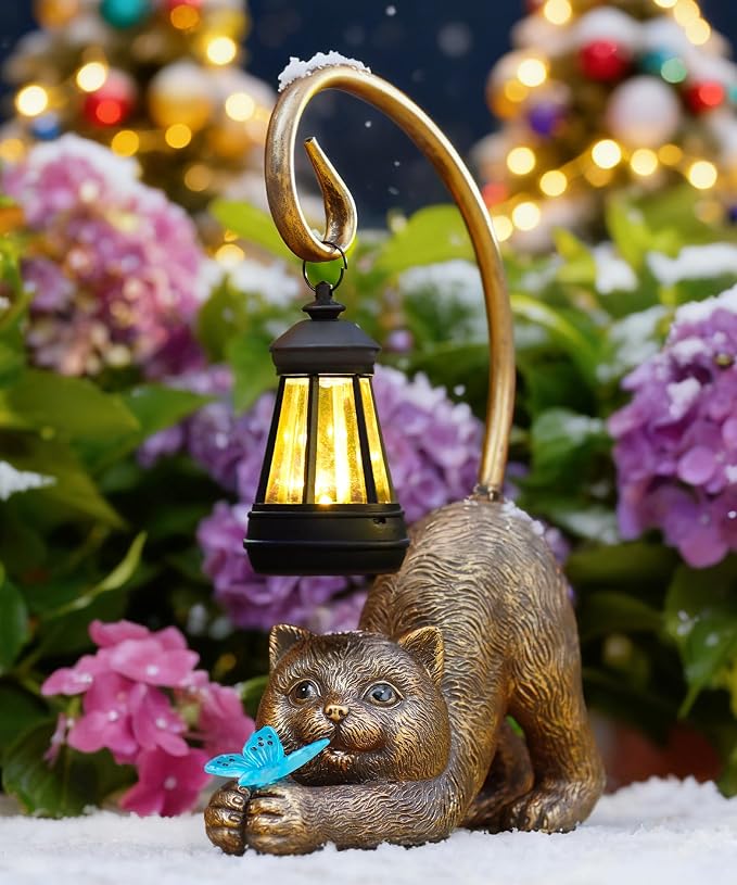 Solar Cat Garden Statue: Outdoor Sculptures with Lantern | Weatherproof Resin Decorations, Art Patio Balcony Yard Lawn Decor, Unique Birthday Gift for Women Mom Grandma