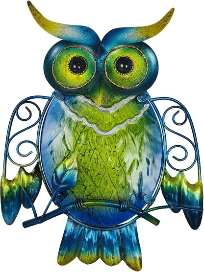 LIFFY Cute Metal Owl Wall Decor - Unique Outdoor Wall Art Decoration - Glass Hanging Wall Owl Decor Brighten Up Patio, Porch or Door, Garden Decoration, Birthday Gift Ideas