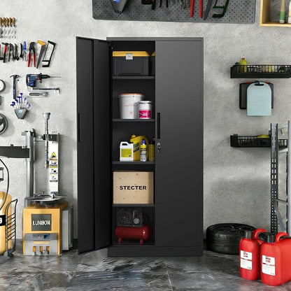 Metal Storage Cabinet with 2 Doors and 4 Shelves, 71" H Metal Cabinet with Lock, Steel Locking File Cabinet, Lockable Storage Cabinet, Tool Cabinet for Home, Office,Garage, School, Black