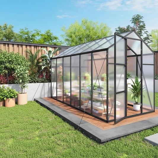 6x12 FT Greenhouse, Walk-in Outdoor Polycarbonate Garden Greenhouses with Aluminum Frame, 4mm PC Panels, Adjustable Roof Vents & Lockable Hinged Door for Backyard Growing, Black