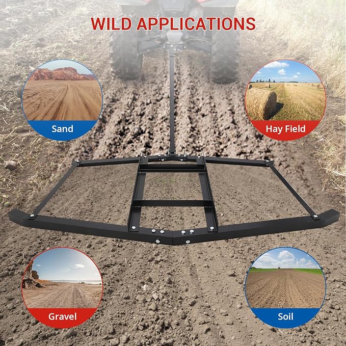 GarveeLife 74”Wide Drag Harrow, High Efficient Driveway Grader with Pin Hitch, Up to 50 LBS, Heavy Duty Lawn Leveling Rake Pull Behind Lawn Tractor Rake for Sand, Soil, Farm, Garden